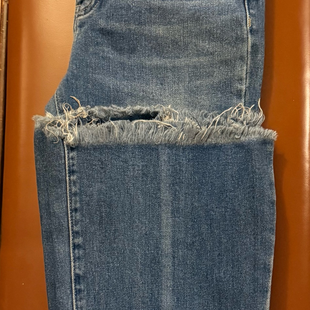 Kancan Mid Wash Blue Flare Jeans With Frayed Hem